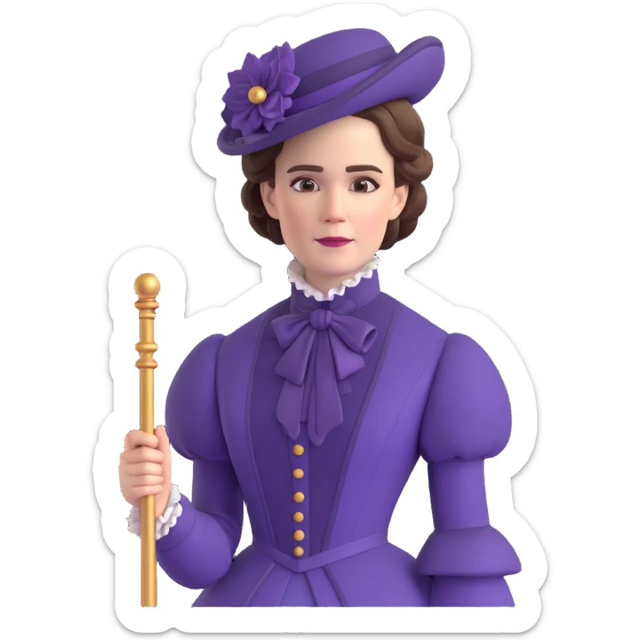 Wilhemina Venable (Sarah Paulson) in royal purple Victorian style, beautiful and luminous but terrifying, holding a gold cane sticker