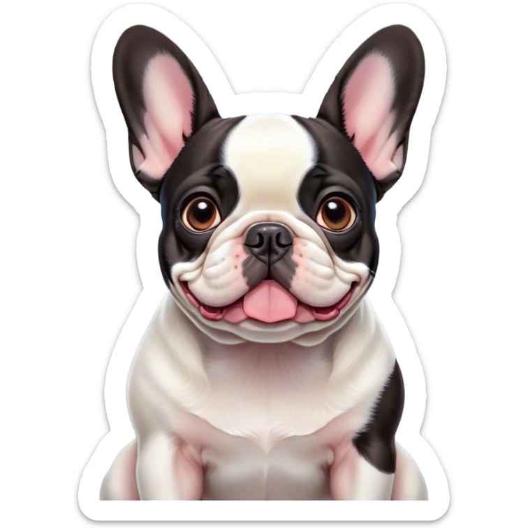 Cinematic Cute Pied French Bulldog Portrait Emoji, Head tilted with a sweet, mischievous grin and large, inviting eyes, featuring a unique pied fur of contrasting colors, simplified yet irresistibly endearing, highly detailed, glowing with a warm, playful radiance, high shine, exuding a quirky charm and affectionate personality, styled with a soft, lighthearted outline, capturing the essence of a cute Pied French Bulldog that looks ready to charm its way into your heart! sticker