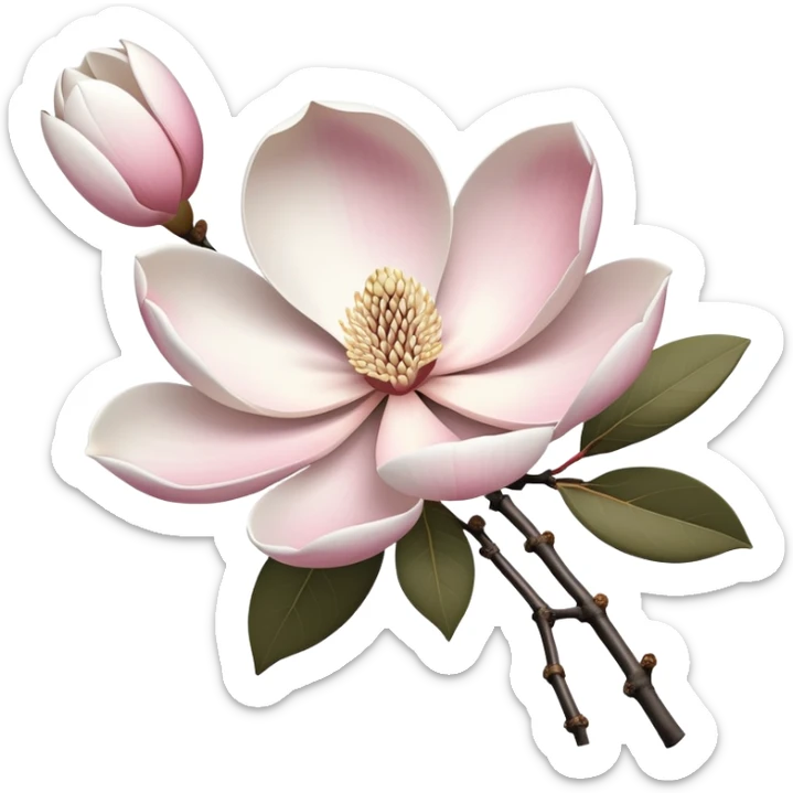Japanese style Magnolia kobus (kobushi) flower in ukiyo-e inspired design, elegant white petals with subtle pink tinge, bare branches, traditional composition like Japanese woodblock prints sticker