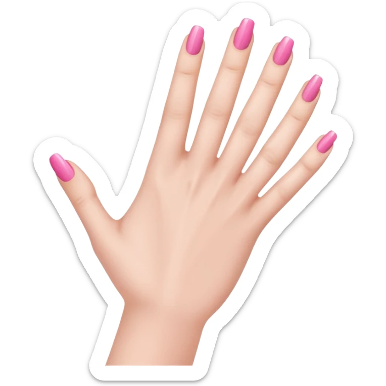  pink  close-up of a human hand with exactly five fingers, beautifully manicured nails, glossy pink nail polish, elegant nail shape, soft lighting, realistic style, isolated on transparent background" sticker