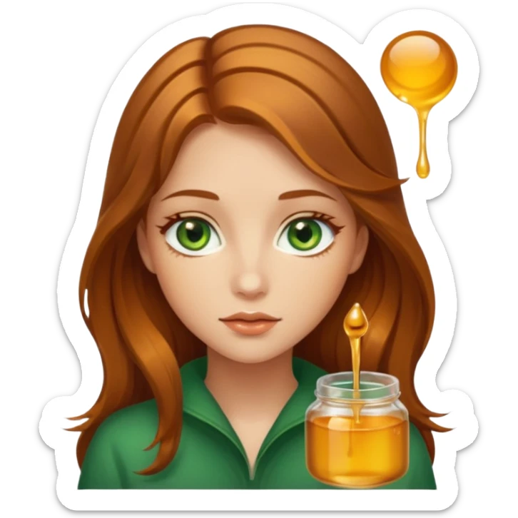 Beautiful girl, with brown honey hair and green eyes made of real honey hair strands dripping honey sticker