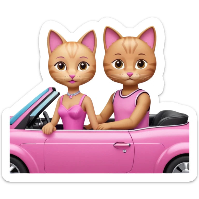 two cats with clear feline features, dressed in Barbie and Ken outfits, in a pink convertible sticker
