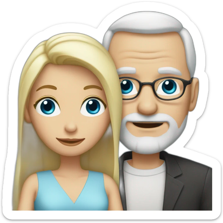 Blonde woman with blue eyes marries an older man with blue eyes, glasses without hair and a gray beard sticker