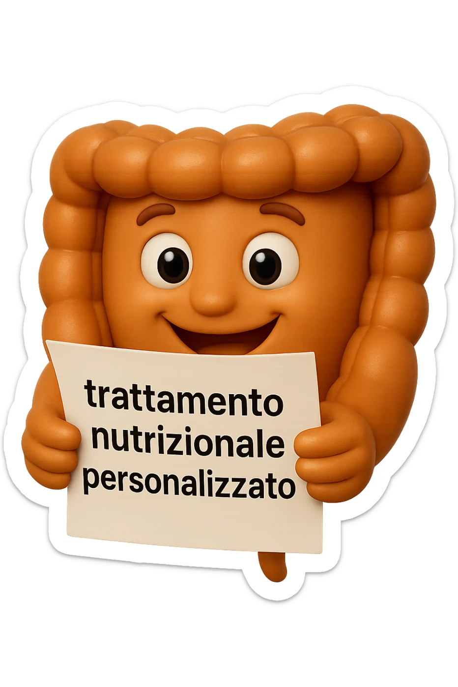 emoji stile iphone di un intestino felice che legge un foglio con la scritta "trattamento nutrizionale personalizzato", non fargli il naso, iperrealistico 4k sticker