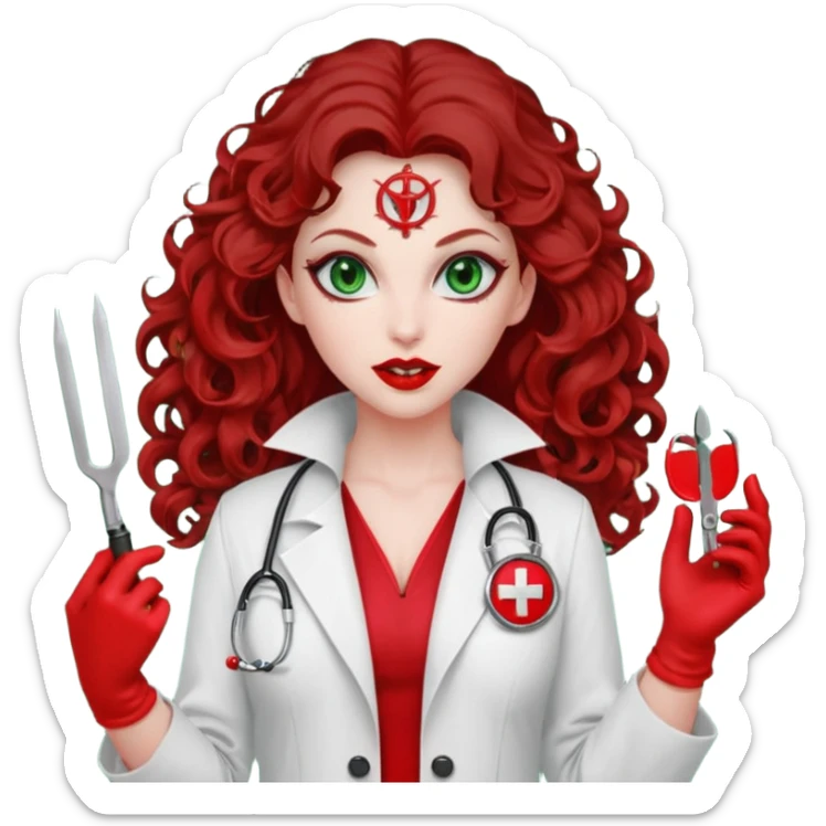 Lilith symbol sexy evil woman. She has green eyes.  had brown long curly hair.  evil surgeon kills with scalpel wears red sexy doctor coat with red mouth cover red gloves sticker