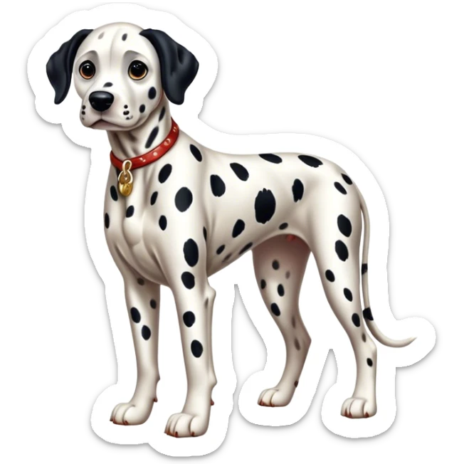 Cinematic Realistic full-body portrait of a Dalmatian dog, rendered with glossy, meticulously detailed spotted fur and expressive, alert eyes, set against a clean, neutral backdrop that highlights its regal and athletic stance. sticker