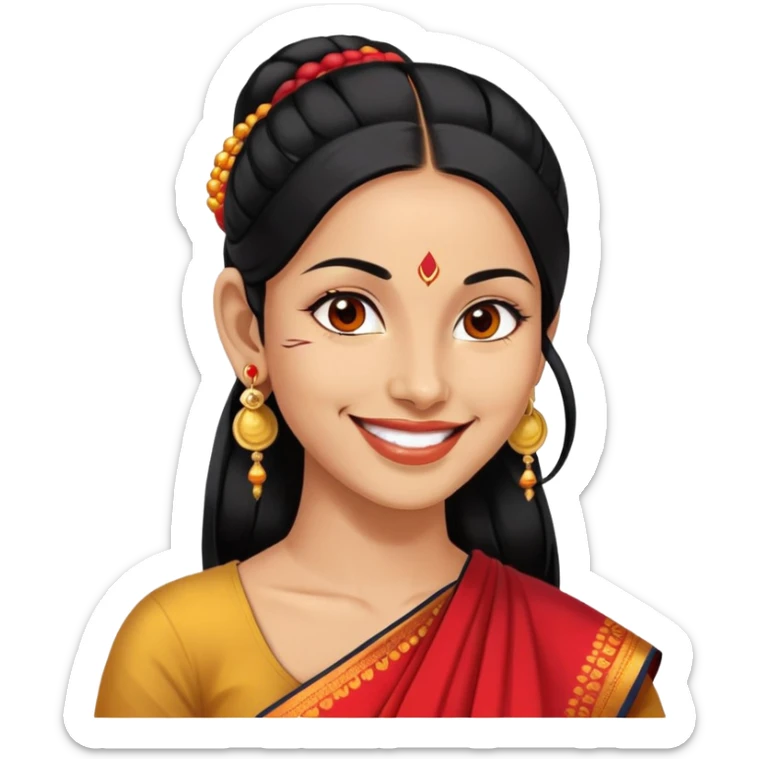 Phụ nữ 35 tuổi, da vàng, tóc buộc dài màu đen, có chấm đỏ bindi trên trán, mặt cười tươi, đeo khuyên tai tròn to bằng vàng, nửa thân trên sticker