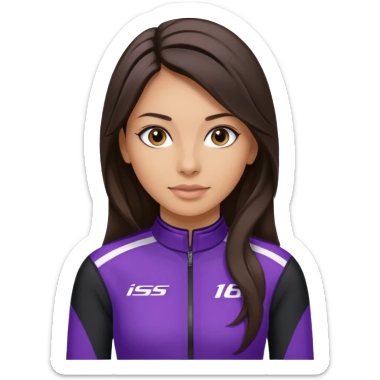 brunette long hair woman with black racing outfit with single purple strips sticker