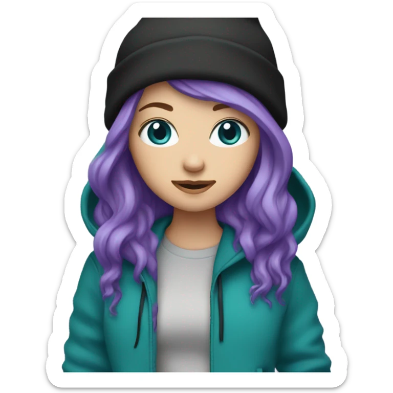 White girl, blue eyes, long teal hair, purple beanie hat, black hoodie, blue jeans, black shoes sticker