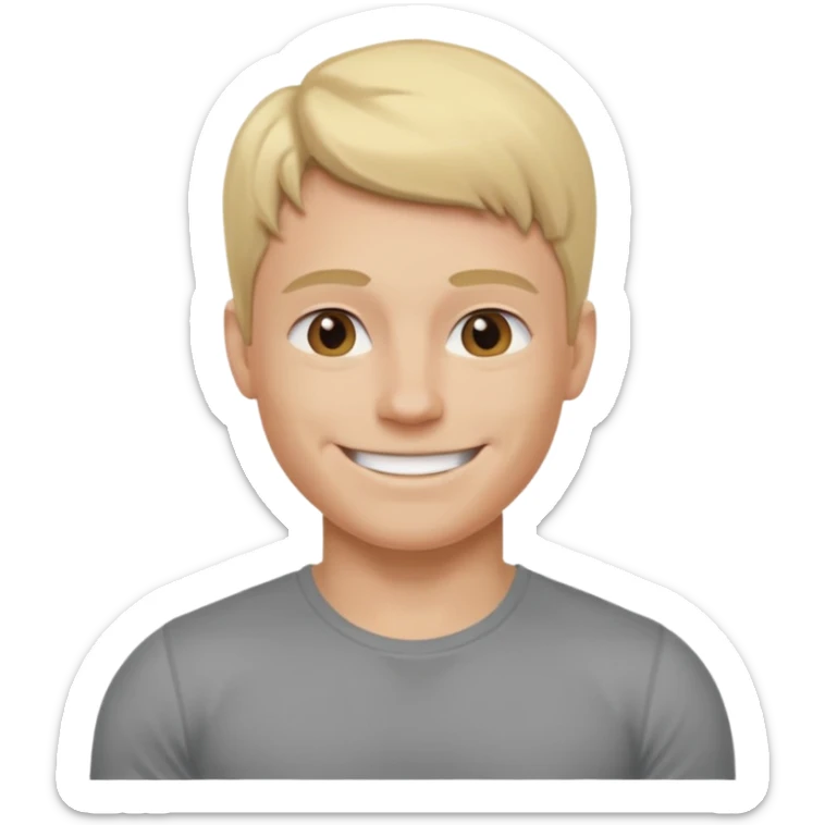 fais le meme blond, tee shirt gris mais musclé et fin qui sourie sticker