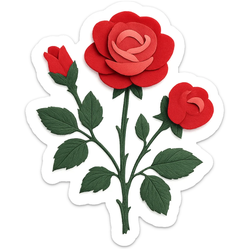 rose bush, layered paper details, vibrant red and pink roses, realistic foliage sticker