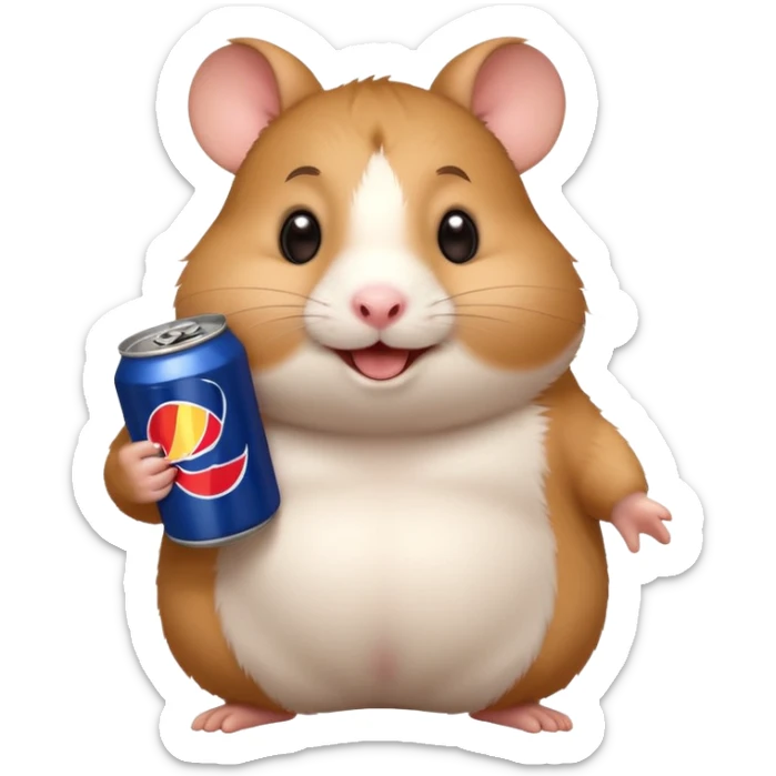 Funny cartoon-style fat hamster wide eyed with a can of redbull sticker