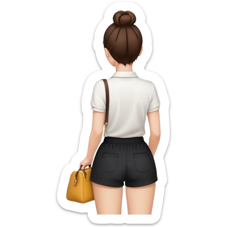 pretty girl back view white polo black shorts brown hair in a bun white bag sticker