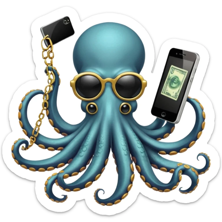 Intimidating octopus with pearl white skin, black suction cups. Wearing black mirrored sunglasses and a gold chain. 3 tentacles are holding their own cellphone with one held to the side of its face as if its on a phone call, 2 other tentacles are holding stacks of money sticker