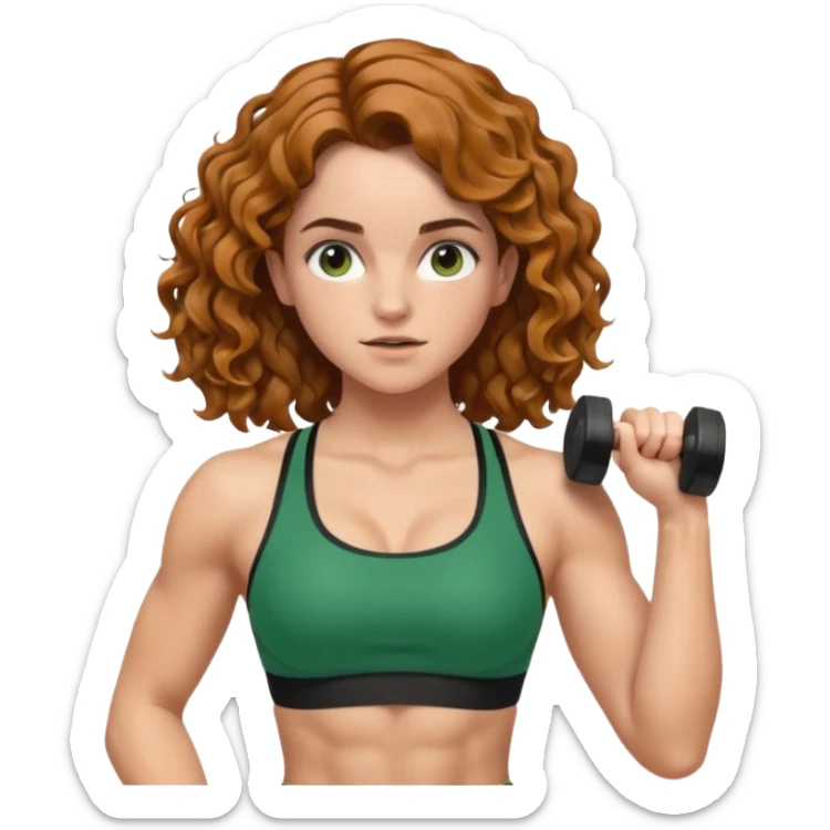 big biceps, muscled torso, very beautiful italian happy girl, looking like Emma Watson, with wavy curly bright hazelnut hair, dressed in green bra sports outfit, pulling up sticker