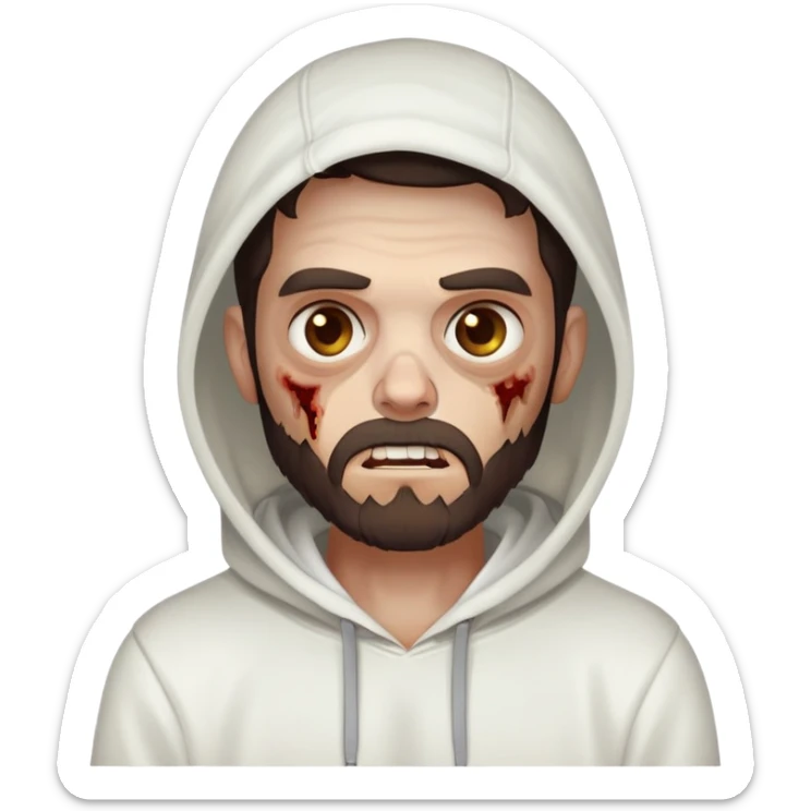thinking zombie wearing plain white hoodie with no designs, dark brown hair and short full beard sticker