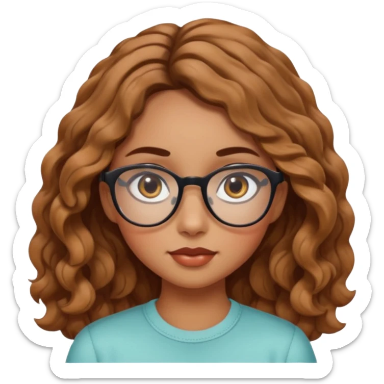 girl with wavy hair, almond shaped eyes, birthmark near her eye, tan, with swag, and glasses sticker