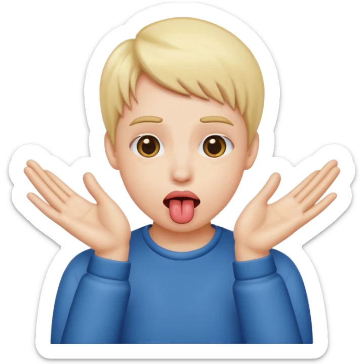 Person sticking out their tongue and with their hands to their sides next to their face with their palms facing out sticker