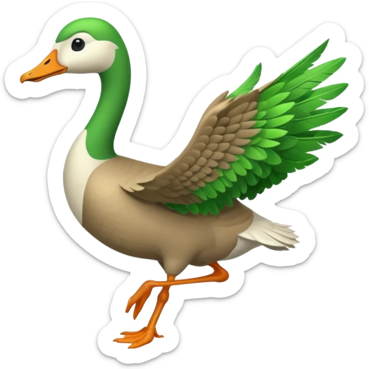 Emoji of a running goose with a very long neck and two legs. Use 🪿 shape but color it bright green (#39C700). The legs should look actively running with motion. The wings must be tightly folded against the body, not flapping or extended. sticker