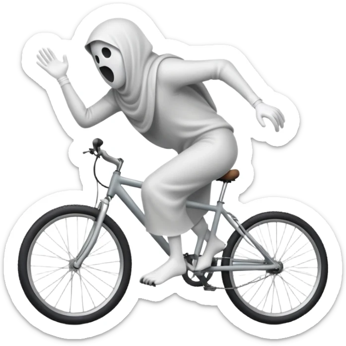 Ghost on bicycle, 3d pictogram, full body, male, arms covered by cloth and invisible, holding handlebars, left hand also holding handlebars, riding mountain bike, straddling bicycle, mountains in background removed sticker