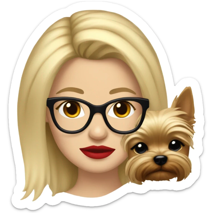White girl, blonde hair, eyes closed, red lipstick wearing glasses hugs Yorkshire terrier  sticker