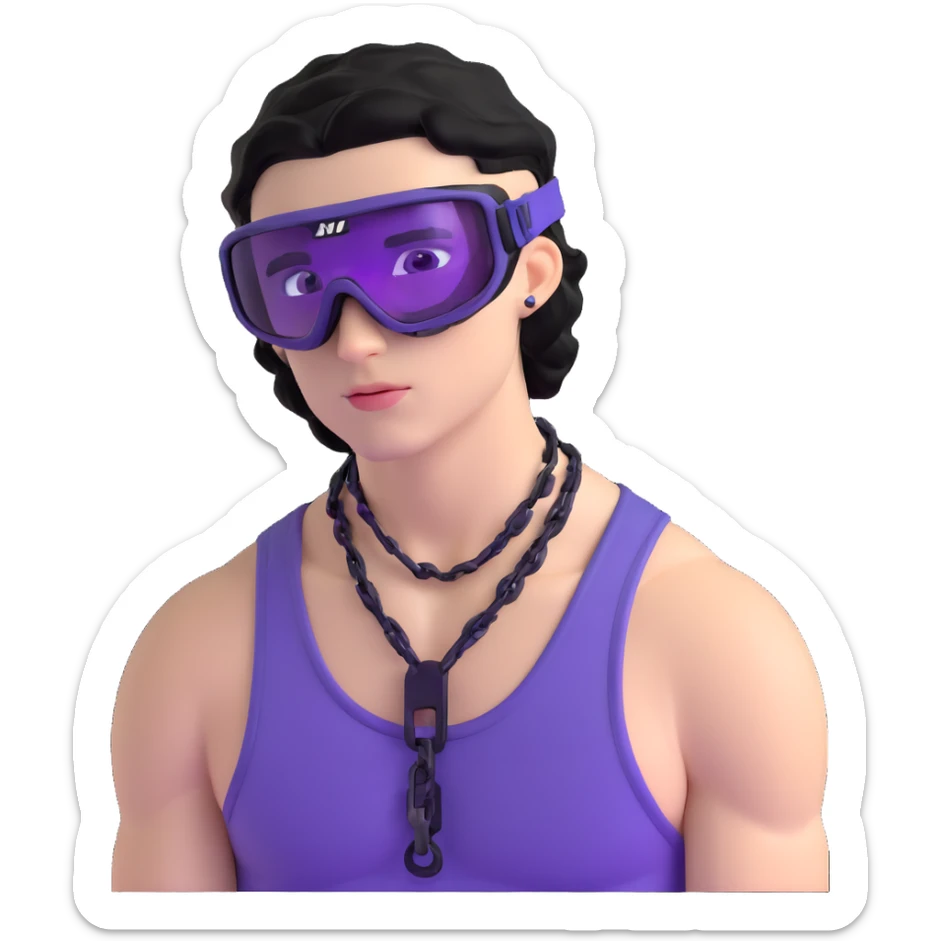 shirtless male athlete with white skin and moderately curly black hair on top with shaved sides, wearing ski goggles with purple frames/outline and very dark heavily tinted black lenses that completely hide the eyes, and a simple plain black chain necklace, no earrings sticker