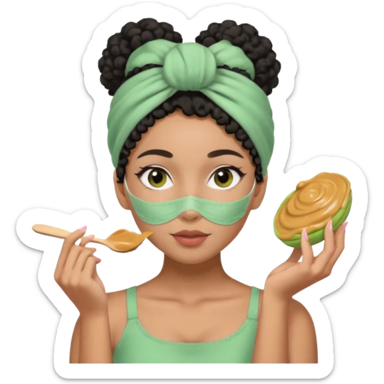 Mixed-race woman with caramel skin, slim thick, black curly hair in a bun, wearing a pastel pink headband, applying a green clay face mask sticker
