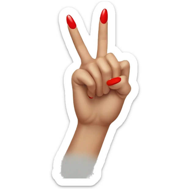 woman hand pointing index finger, red nail varnish. top of the hand is showing sticker