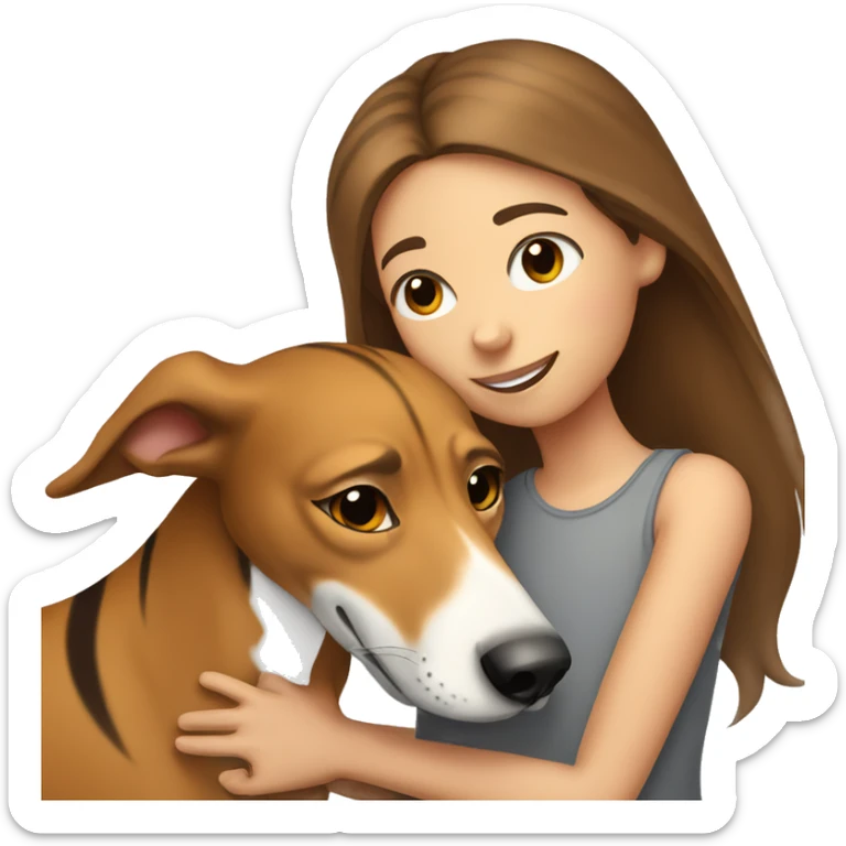 girl with long brown hair hugs tiger greyhound with grey nose sticker
