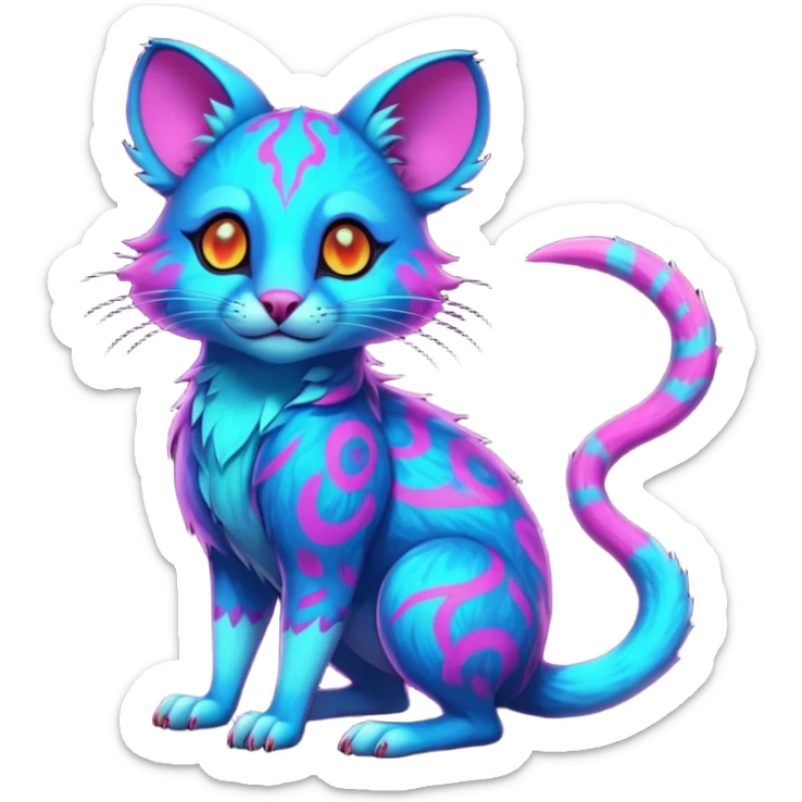 Exotic tropical lush Neon-colored fantasy feline-rodent-marsupial-critter-vernid-fursona animal creature full body with intricate markings  sticker