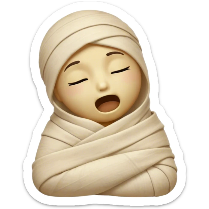 Cinematic Cute Yawning Mummy Portrait Emoji, with a snug, slightly askew bandaged form in warm, faded tones with gentle golden accents, head tilted back in a big, sleepy yawn revealing cute hints of ancient charm, simplified yet adorably detailed, glowing with a soft, nostalgic radiance and a gentle outline that captures a mummy’s tender need for rest! sticker