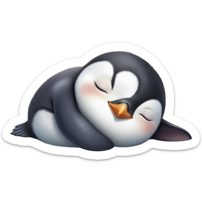Meme-Worthy cute Sleeping Baby Penguin Portrait Emoji, Head resting peacefully with a contented smile, showcasing luxuriously soft down and a serene, slumbering gaze, Simplified yet hilariously adorable features, highly detailed, glowing with a soft, drowsy polar light, high shine, relaxed and utterly lovable, stylized with an air of playful laziness, bright and heartwarming, soft glowing outline, capturing the essence of a sleeping baby penguin that feels destined to become the next viral icon of adorable rest! sticker