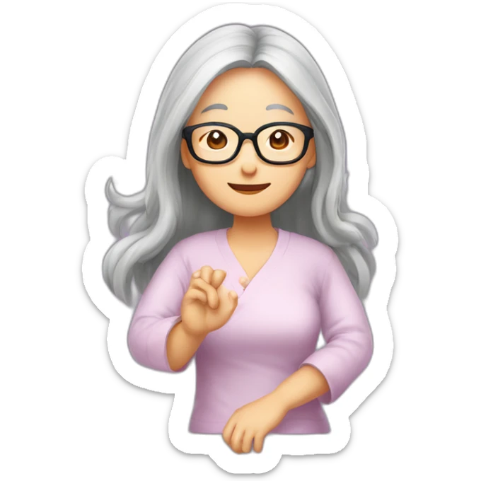 Chinese senior lady wear glasse has long hair show love gesture sticker