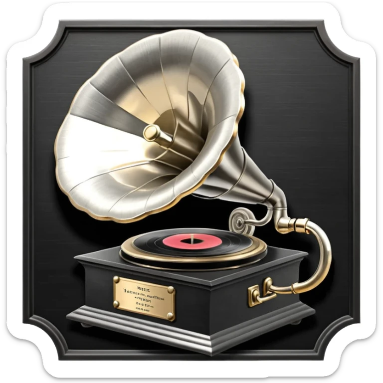 A dark metal platinum music award plaque The center features a relief of a vintage gramophone or stylized vinyl record in a slightly darker metallic tone sticker