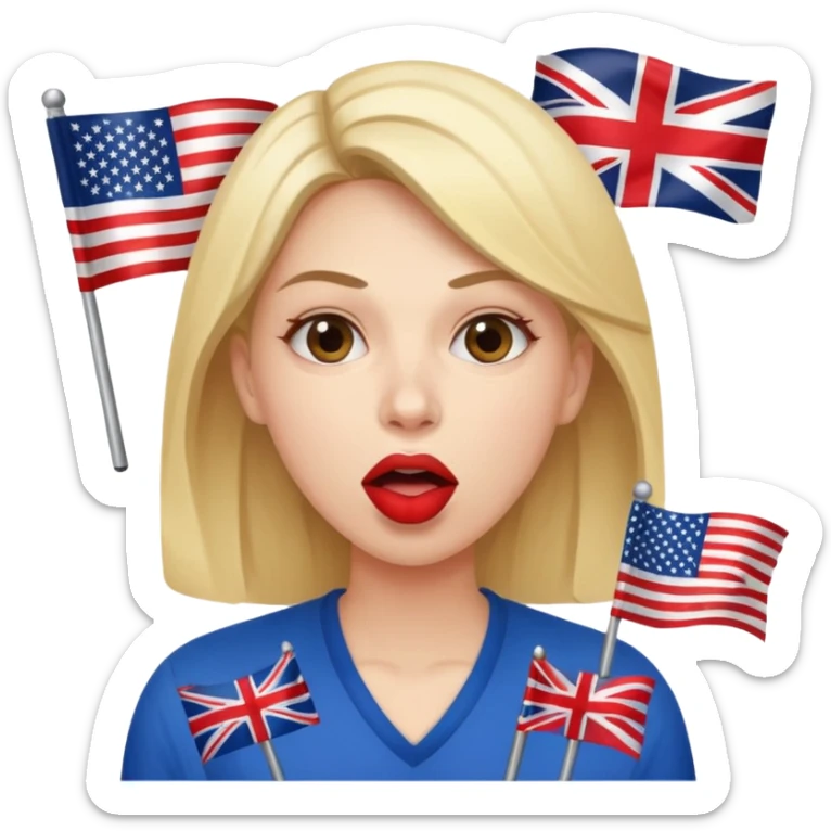 a woman is talking and the English and American flags are coming out of her mouth sticker
