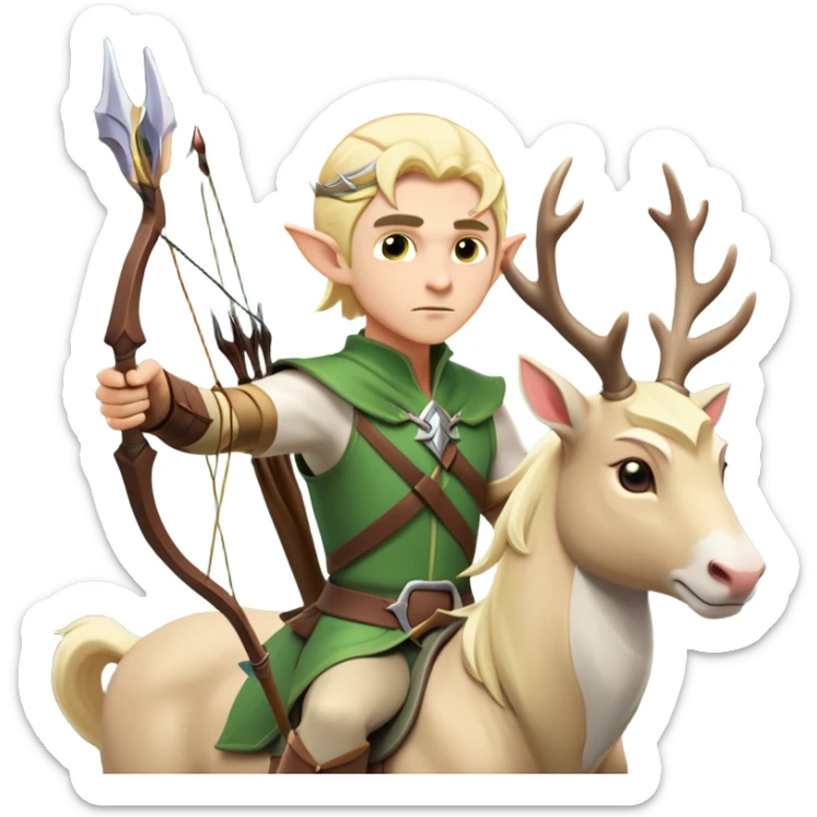 clash-of-clans-aesthetic-blond-male elf-archer-portrait-emoji, rendered in a flat, vector-style with minimal shading and bold, simplified shapes, head tilted slightly forward with a determined, focused expression, riding a majestic white stag whose antlers glow with mystical energy, set against an ancient, enchanted forest backdrop. sticker