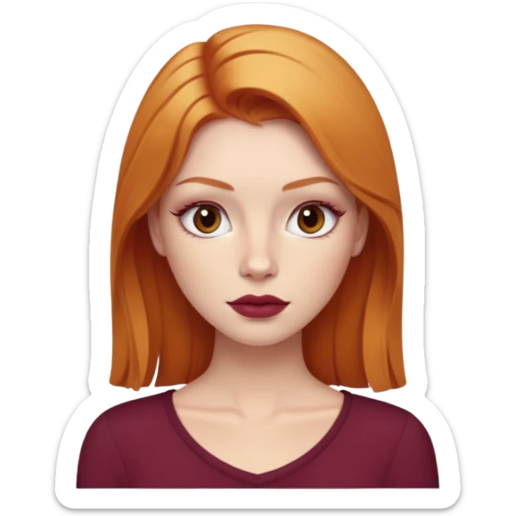 Ginger blonde, white skin, brown eyes, nude lips, burgundy top, no makeup, a bit of lashes sticker
