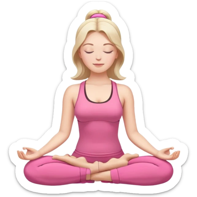 white woman in lotus position meditation yoga pose with closed eyes, relaxed face, wearing pink yoga outfit sticker