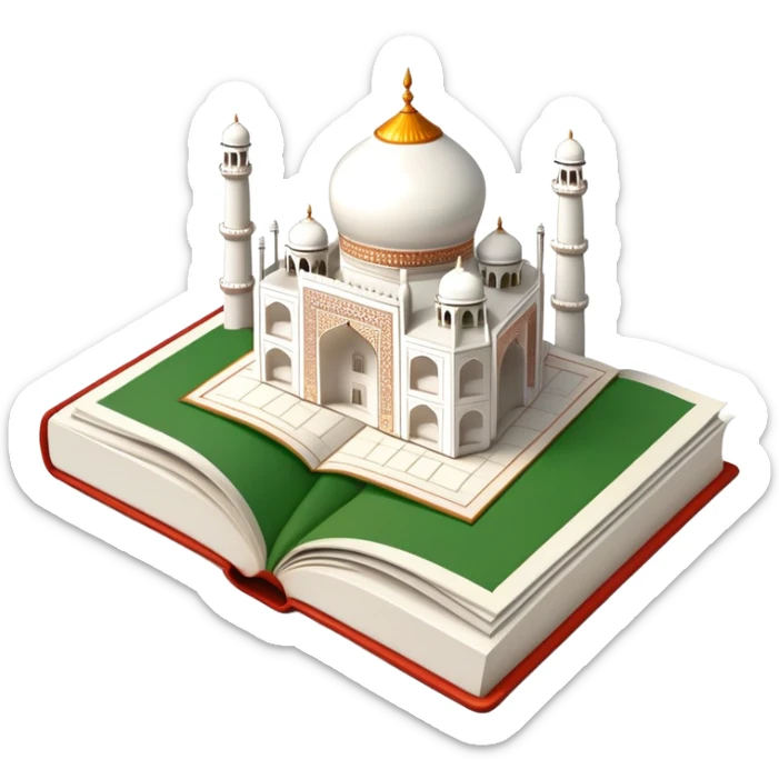 An icon featuring the Taj Mahal and the flag of India, symbolizing the Hindi language. The design includes an open book with hindi text, representing language learning and cultural richness. Transparent background highlights the heritage of India. sticker