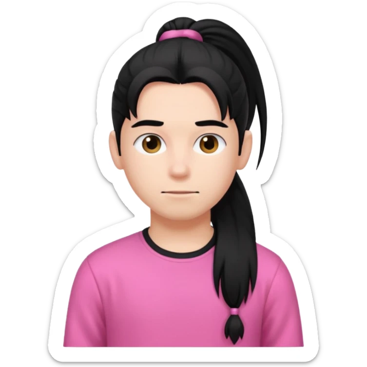 An emoji of a soft boy with black long hair in a poney tale in pink clothes sticker