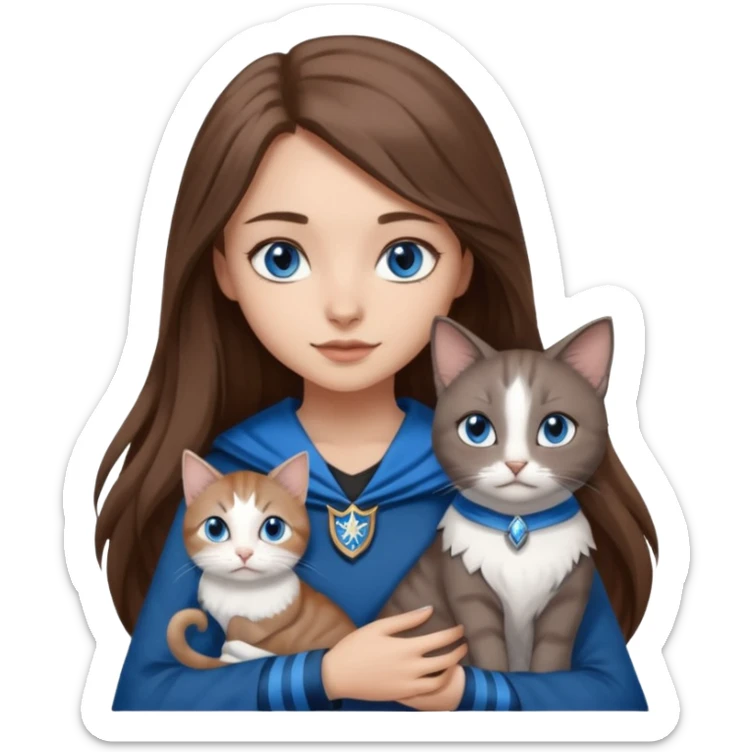 gorgeous Girl with light skin, blue eyes, long brown hair, wears a ravenclaw outfit, with a grey and white cat holding in her arms sticker