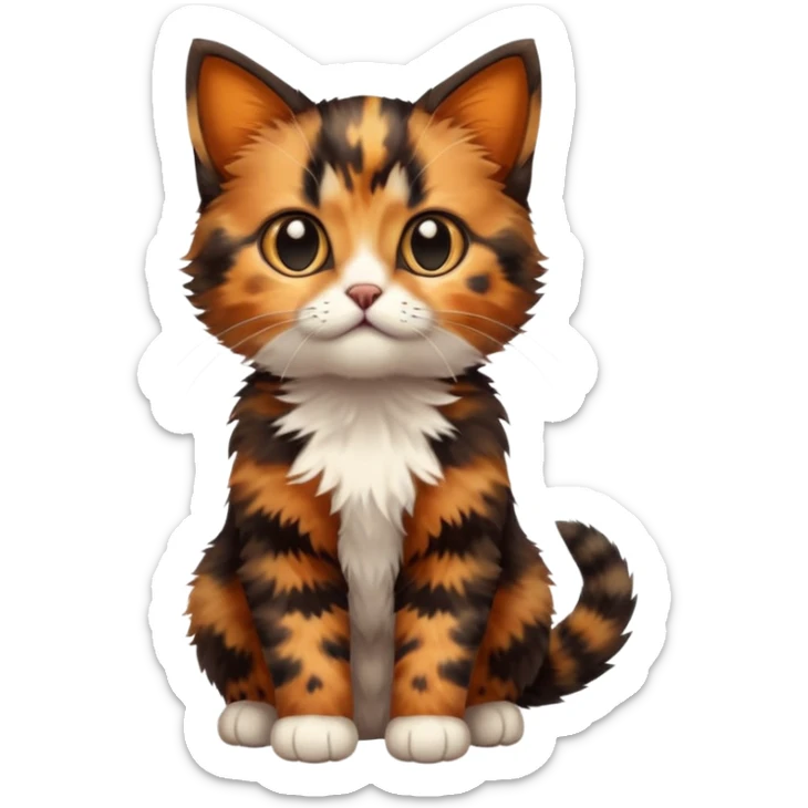 A high-resolution photo-realistic digital illustration of a brown orange black multicoloured  tortoiseshell kitten, chest upward sticker