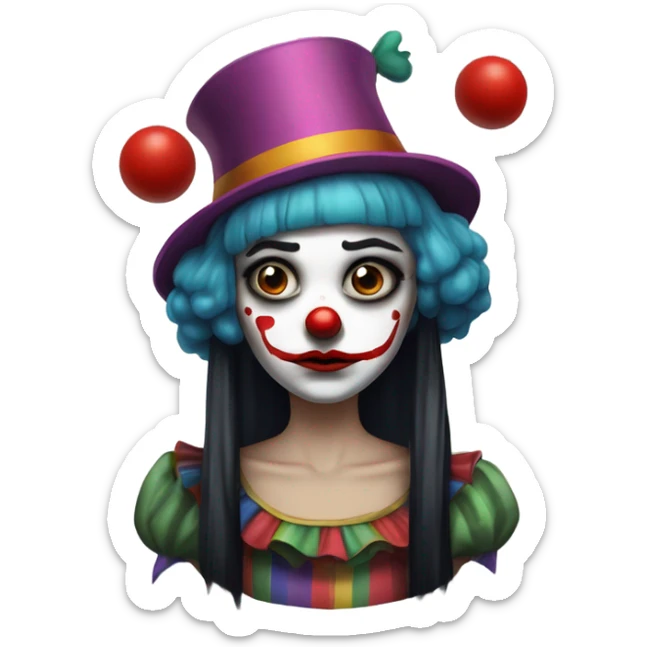 Sad clown girl with clown face paint wearing cockcomb jester hat with straight black hair exaggerated expression of sadness on her face  sticker