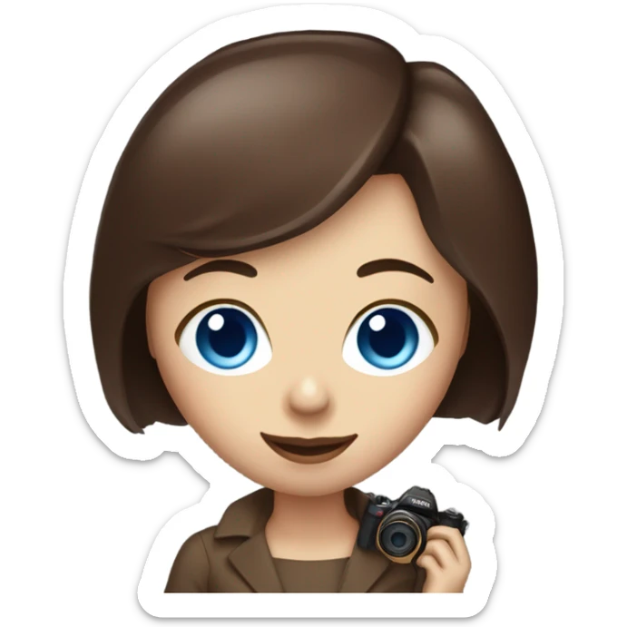 Portrait of stylish woman with blue eyes and chocholate  bob hair holding a nikon camera sticker