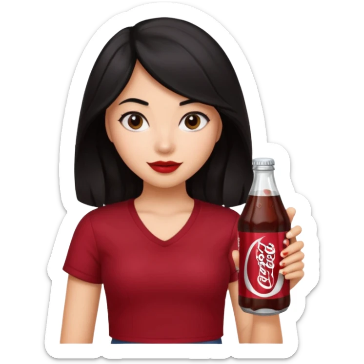 a black hair girl with straight/wavy hair holding a dr pepper soda and wearing a dark red top  sticker