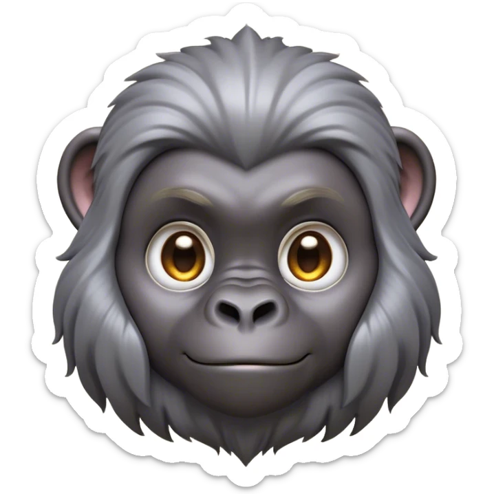 Cinematic Cute mountain Gorilla Portrait Emoji, Head tilted playfully and inquisitively, with a robust build accented by a striking silver mane and round, sparkling eyes full of gentle charm, Simplified yet irresistibly adorable features, highly detailed, glowing with a warm, friendly jungle glow, high shine, affectionate and lively, stylized with a touch of endearing primate whimsy, soft glowing outline, capturing the essence of a mischievous yet loving mountain that feels like it could lumber out of the screen into your arms! sticker