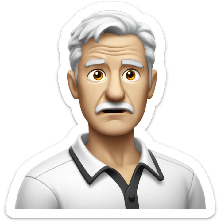 old angry english man, grey hair, no facial hair. wearing a white smart polo shirt with black buttons. sticker