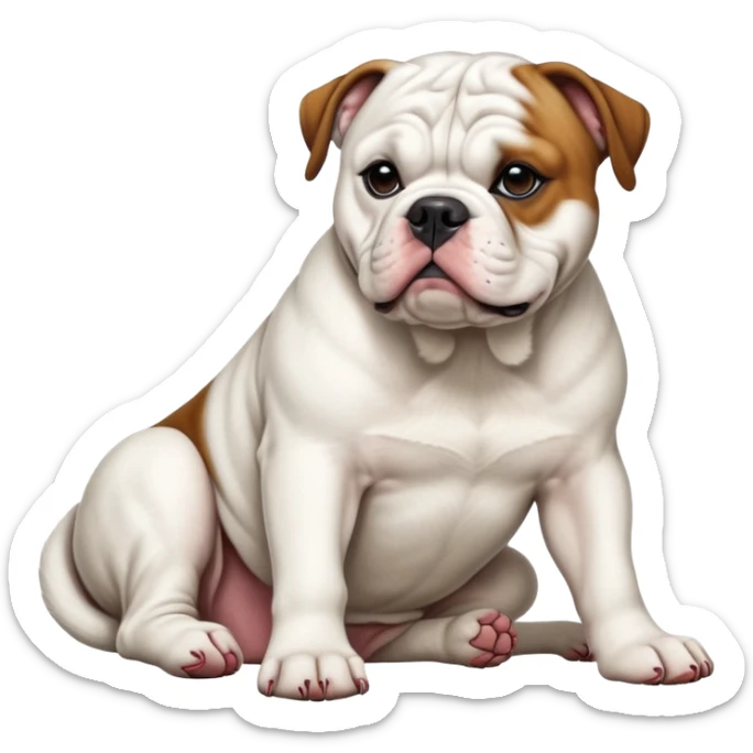 cinematic-[american bulldog]-realistic-full-body-sitting-emoji,-tail-resting-loosely-beside-its-paws,-head-tilted-dramatically,-fluffy-[colour]-fur,-simplified-yet-realistic-focused-features,-highly-detailed,-glowing-with-an-almost-sarcastic-glow sticker