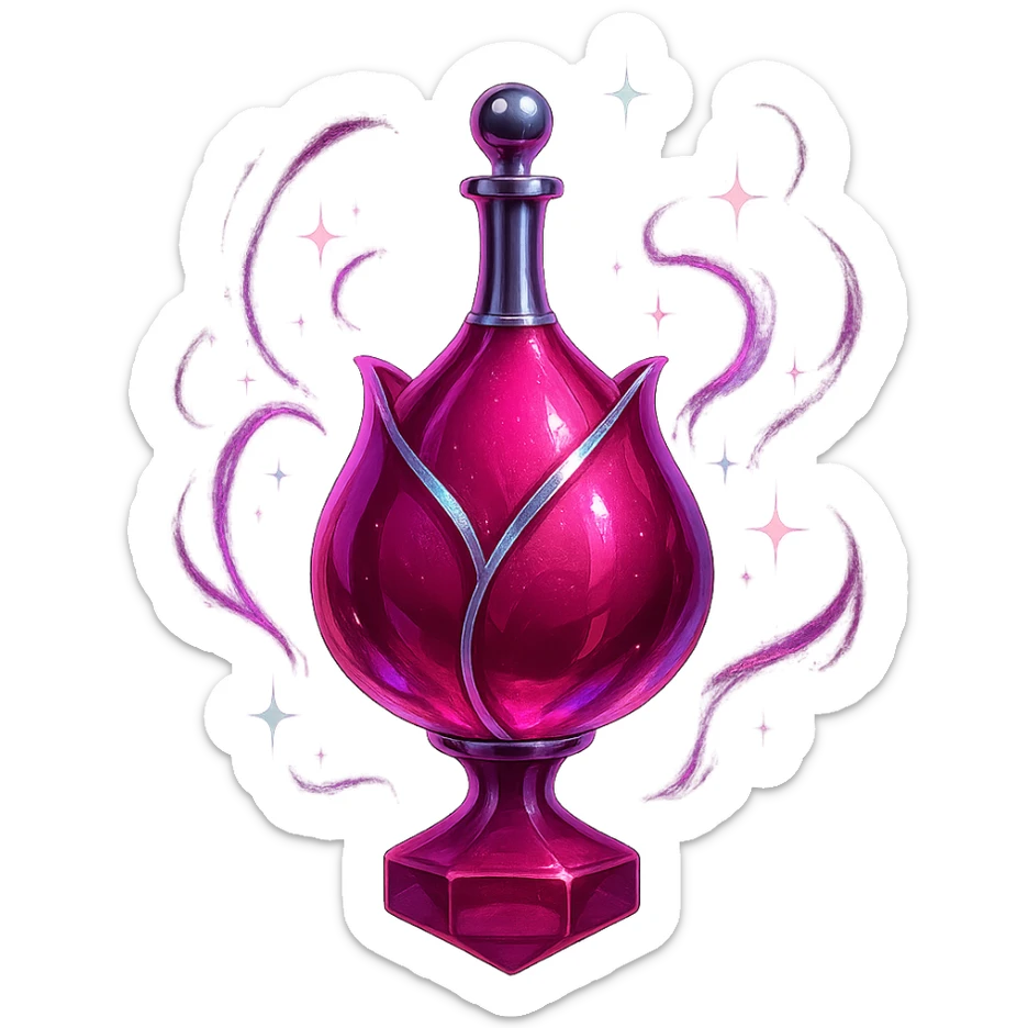 prabangus eliksyro buteliukas, rožės žiedo forma, sodri rožinė spalva, sidabrinės ir holografinės detalės, daug magiškų efektų, labai mažas kaklelis, vientisas dugnas, skaidrus fonas, buteliukas plūduriuoja ore, be pagrindo ar šešėlio, modernus, kolekcijai tinkamas sticker
