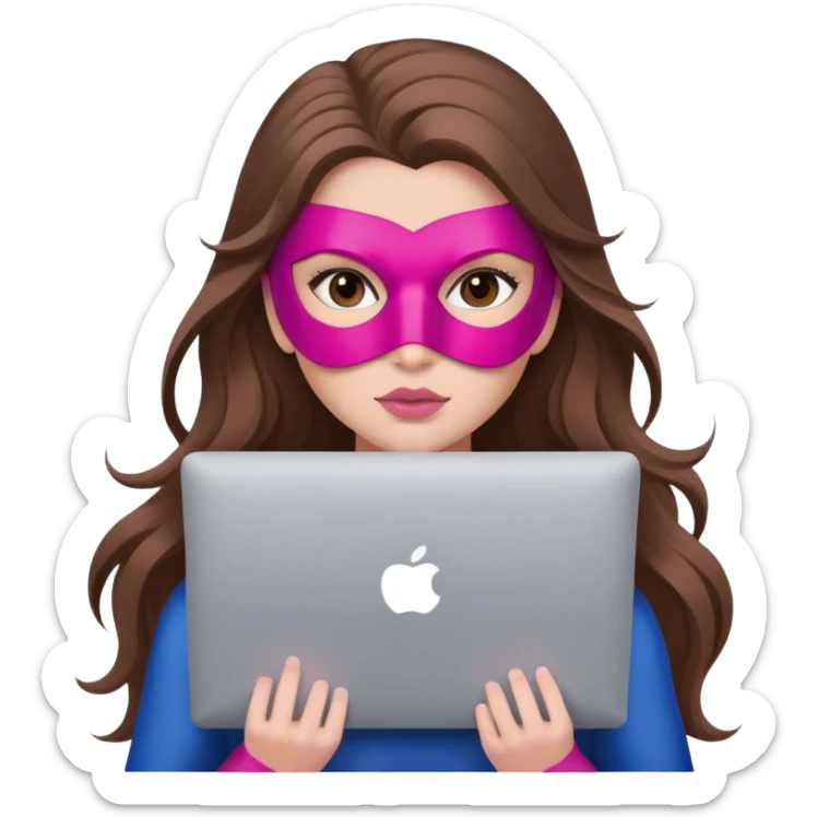 European girl long brown hair. brown eyes, blush pink lips, with mask of superhero with MacBook  sticker